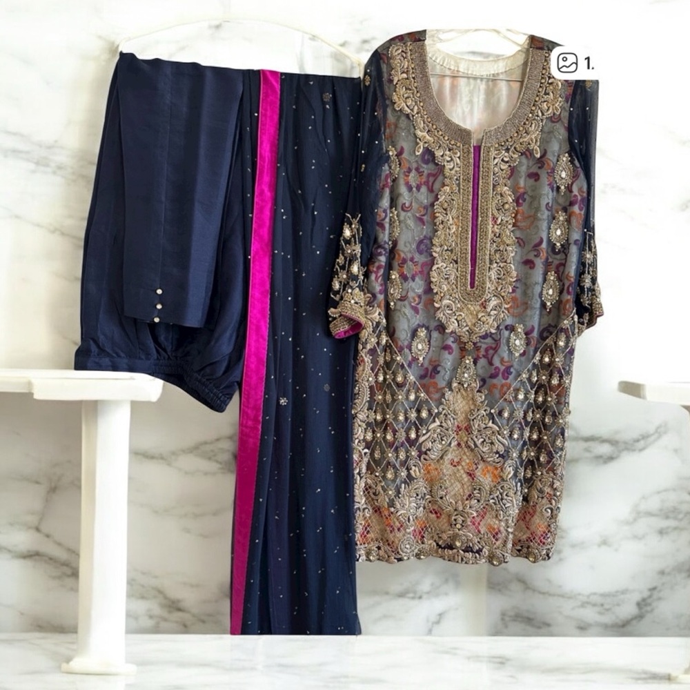Embroidered Navy and Gold Traditional Outfit